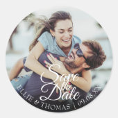 Persoonlijke Namen Foto Script Save the Date Ronde Sticker (Voorkant)