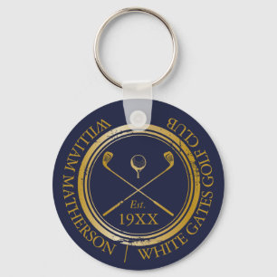 Persoonlijke Navy Blauwe En Gouden Golfclubnaam Sleutelhanger