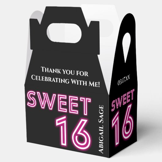 Persoonlijke neon Sweet Sixteen Hot Pink, zwart Bedankdoosjes (Geopend)