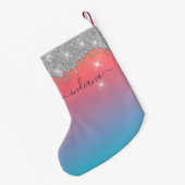Persoonlijke Ombre Monogram Silver Glitter Holiday Kleine Kerstsok (Achterkant (Hangend))