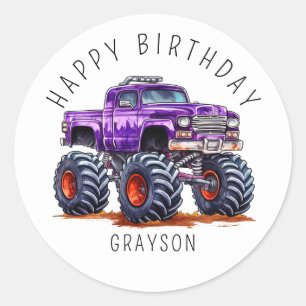 Persoonlijke paarse monstertruck verjaardagscadeau ronde sticker