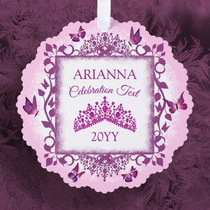 Persoonlijke paarse tiara & vlinders aandenken ornament kaart