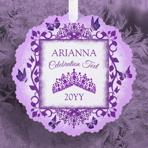Persoonlijke paarse tiara & vlinders ornament kaart