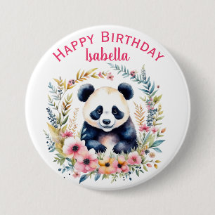 Persoonlijke Panda Beer in Bloemen Meisjes Verjaar Ronde Button 7,6 Cm