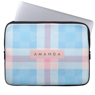 Persoonlijke pastel lichtblauwe en roze geruite kl laptop sleeve