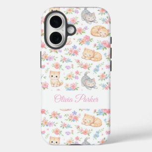 Persoonlijke Pastelkleur Kitten en Bloemige Naam A iPhone 16 Hoesje