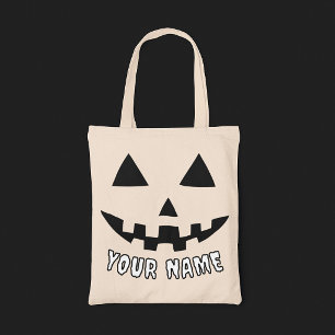 Persoonlijke Pompoen Halloween Naam Zwart & Wit Tote Bag
