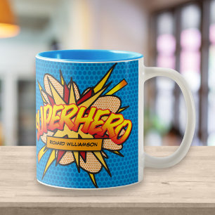 Persoonlijke Pop Art-stripheld SUPERHELD Tweekleurige Koffiemok