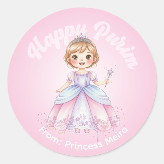 Persoonlijke Purim-sticker – Prinsessenthema Ronde Sticker (Voorkant)