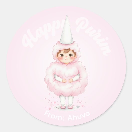 Persoonlijke Purim-sticker – Roze Cotton Candy Ronde Sticker (Voorkant)