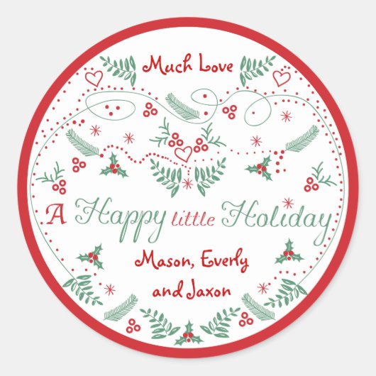 Persoonlijke Red Green Holly Happy Little Holiday Ronde Sticker (Voorkant)