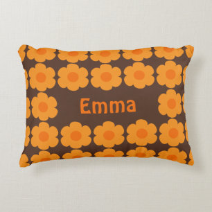 Persoonlijke Retro 70s Flowers Brown en Oranje Accent Kussen