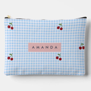 Persoonlijke Retro Blauwe Gingham Kersenprint Etui