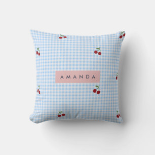 Persoonlijke Retro Blauwe Gingham Kersenprint Kussen
