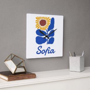 Persoonlijke Retro Bloem Daisy Met Eigen Naam Cade Vierkante Klok