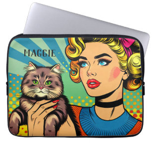 Persoonlijke Retro Dame en Kat Laptop Sleeve