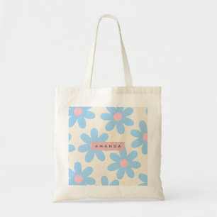 Persoonlijke Retro Pastel Blauwe Madeliefjes Bloem Tote Bag