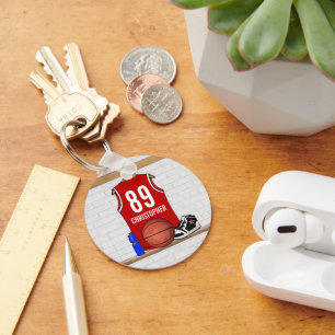 Persoonlijke Rode en Witte Basketball Jersey Sleutelhanger