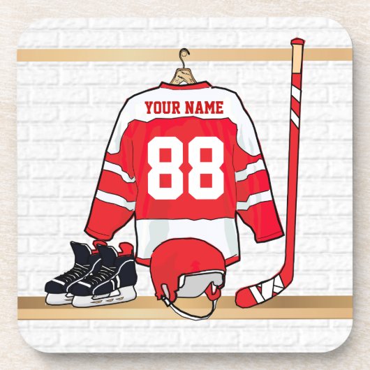 Persoonlijke Rode en Witte Ice Hockey Jersey Bier Onderzetter (Voorkant)