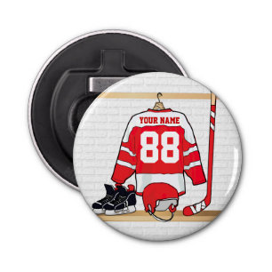 Persoonlijke Rode en Witte Ice Hockey Jersey Button Flesopener