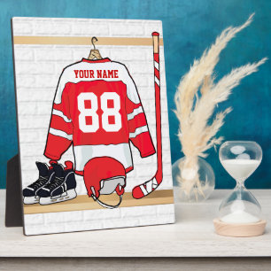 Persoonlijke Rode en Witte Ice Hockey Jersey Fotoplaat