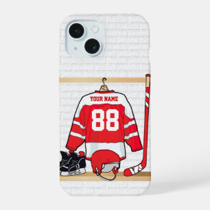 Persoonlijke Rode en Witte Ice Hockey Jersey iPhone 15 Hoesje