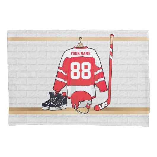 Persoonlijke Rode en Witte Ice Hockey Jersey Kussensloop (Voorkant)