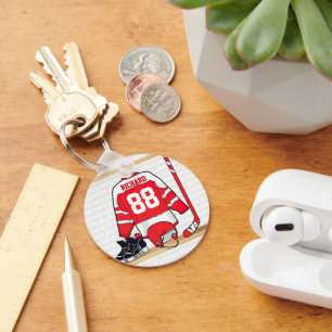 Persoonlijke Rode en Witte Ice Hockey Jersey Sleutelhanger