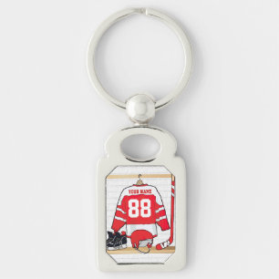 Persoonlijke Rode en Witte Ice Hockey Jersey Sleutelhanger