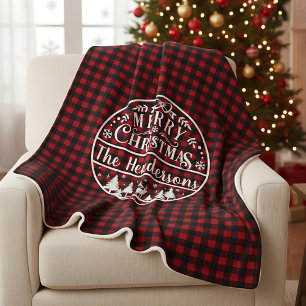Persoonlijke Rode en Zwarte Plaid Kerstgroet Sherpa Deken