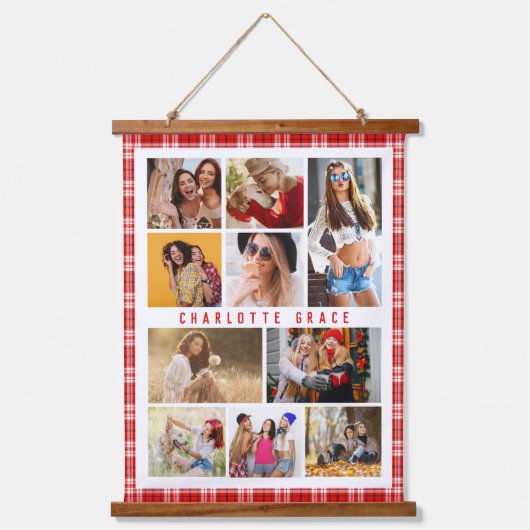 Persoonlijke rode geruite collage met 10 foto's hangend wandkleed (Voorkant)