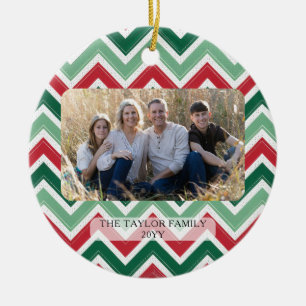 Persoonlijke Rode Groene Chevron Kerst Foto Keramisch Ornament