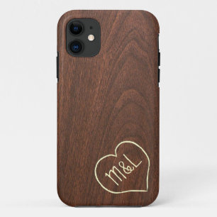 Persoonlijke rode houtstructuur met hart & initial iPhone 11 hoesje