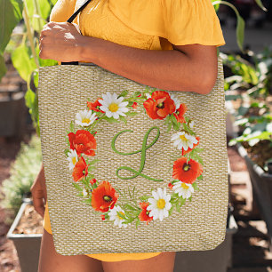 Persoonlijke rode klaproos witte gele madeliefjes tote bag