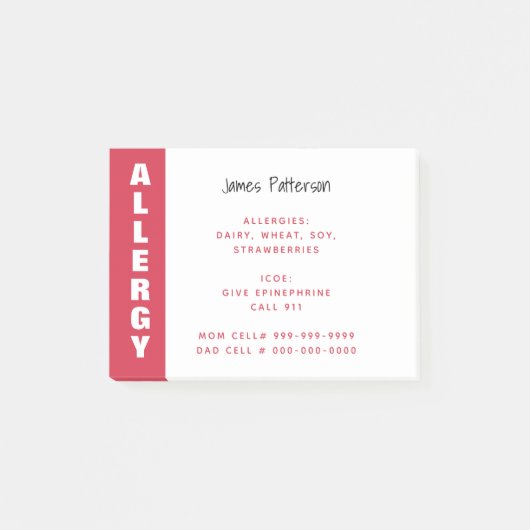 Persoonlijke Rode Noodmelding voor Voedselallergie Post-it® Notes (Voorkant)