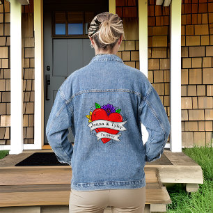 Persoonlijke Romantische Hart en Bloemen Denim Jacket