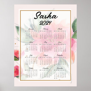 Persoonlijke roze bloemen kalender poster