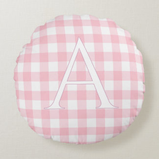 Persoonlijke Roze Gingham Baby Meisje Monogram Rond Kussen