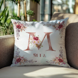Persoonlijke Roze Gouden Bloem Letter M Monogram Kussen