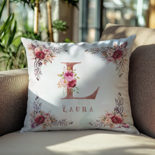 Persoonlijke Roze Gouden Bloemletter L Monogram Kussen