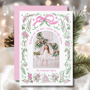 Persoonlijke Roze Groene Kerst Familie Foto Feestdagenkaart