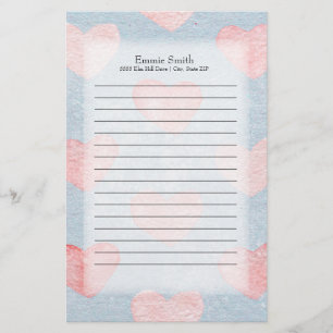 Persoonlijke Roze Harten op Blauwe Waterverf Briefpapier