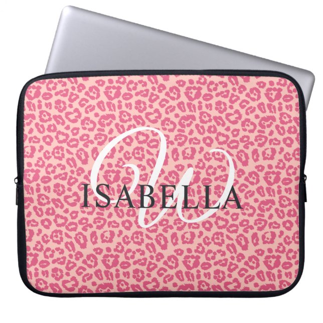 Persoonlijke Roze Luipaardprint Naam Monogram Laptop Sleeve (Voorkant)