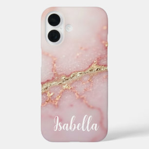 Persoonlijke Roze Marmer Stijlvolle Goud iPhone 16 Hoesje