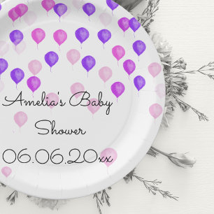 Persoonlijke Roze Paarse Ballon Baby Shower Papieren Bordje