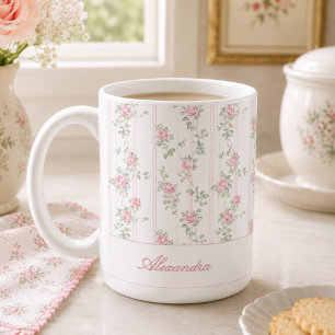 Persoonlijke Roze Roos Bloemige Monogrammok Koffiemok