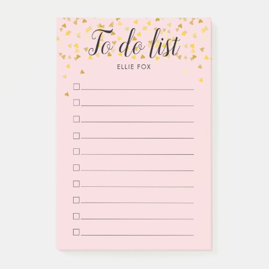 Persoonlijke Roze Roze To-Do Lijst Met Gouden Hart Post-it® Notes (Voorkant)