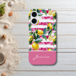 Persoonlijke Roze Streep Citroen Patroon iPhone Ho 16 Hoesje