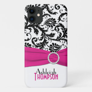 Persoonlijke Roze, Zwarte, Witte Bloemendamask iPhone 11 Hoesje