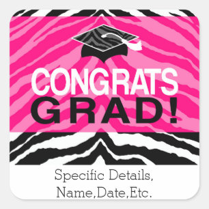 Persoonlijke roze zwarte Zebra Graduation Party Vierkante Sticker
